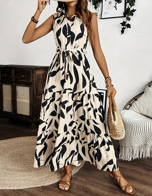 Load image into Gallery viewer, Women Sleeveless Boho Floral Maxi Dress Summer Button Shirt V Neck Flowy Belted Beach Vacation Dresses
