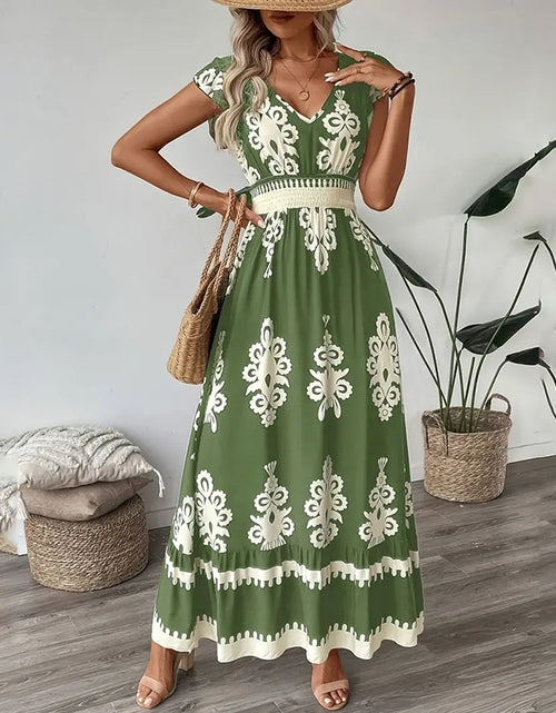 Load image into Gallery viewer, Women&#39;s Summer Flowy Maxi Dress Casual Cap Sleeve V Neck Smocked Waist Beach Sundress
