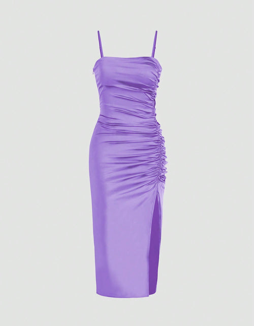 Load image into Gallery viewer, Solid Color Ruched Bodycon Slit Cami Dress Party Dress Wedding Guest Dress
