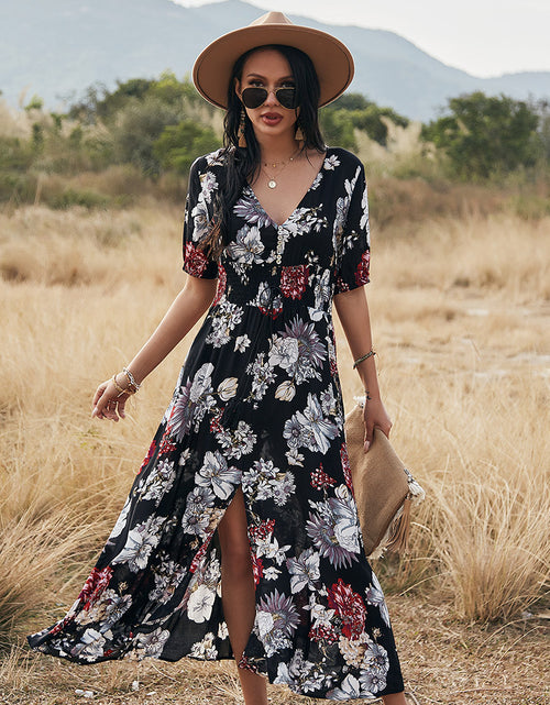 Load image into Gallery viewer, Floral Summer Beach Dress With V Neck Elastic Waist Dresses For Women
