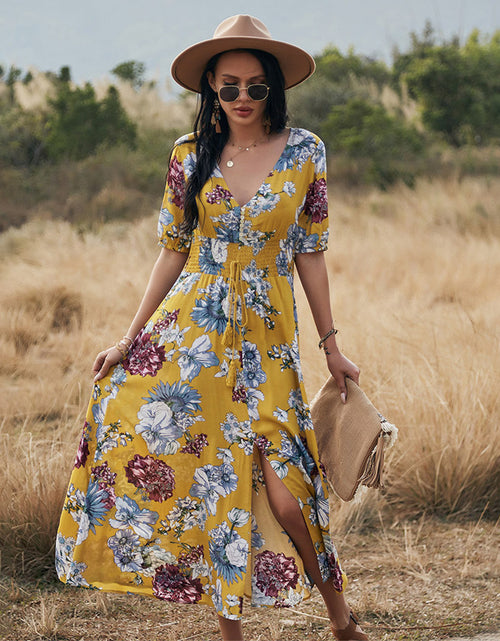 Load image into Gallery viewer, Floral Summer Beach Dress With V Neck Elastic Waist Dresses For Women

