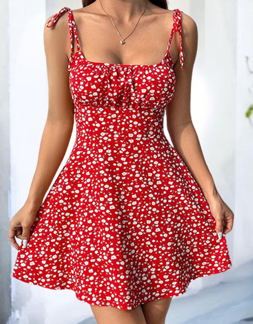 Load image into Gallery viewer, Womens Floral Mini Dress Spaghetti Strap Sleeveless Tie Shoulder Ruffle Summer Boho Dresses
