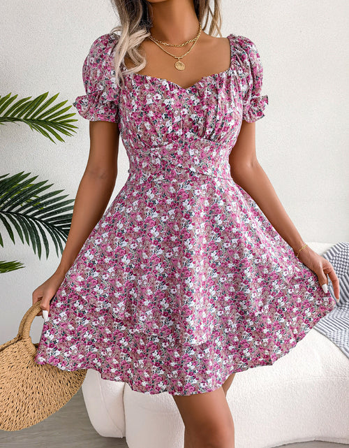 Load image into Gallery viewer, Women Mini Dress Temperament Big Swing Loose Hem Flower Print Shirring Dress Up Short Sleeves High Waist Summer Dress Clothes
