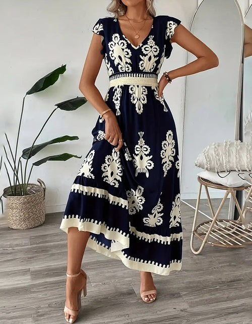 Load image into Gallery viewer, Women&#39;s Summer Flowy Maxi Dress Casual Cap Sleeve V Neck Smocked Waist Beach Sundress
