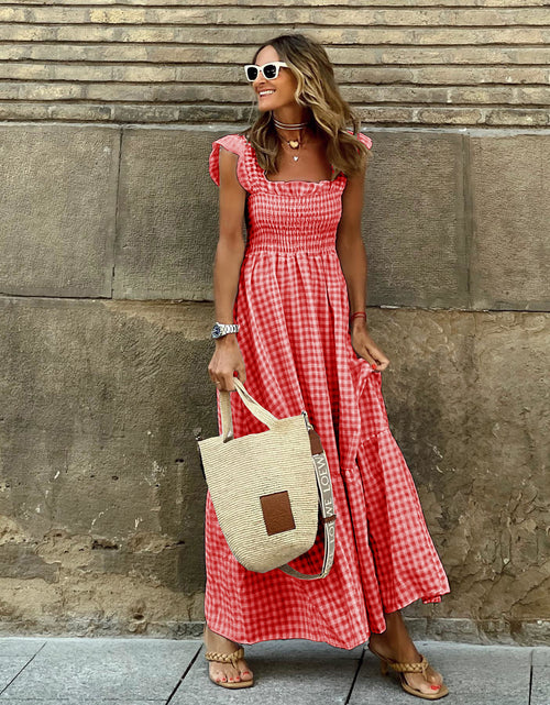 Load image into Gallery viewer, Summer Plaid Print Pleated Ruffle Dress INS Fashion Sleeveless A-line Swing Beach Dress Women&#39;s Clothing
