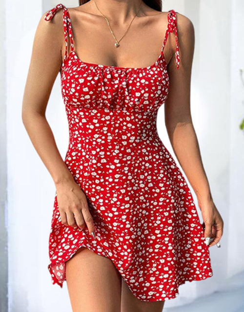 Load image into Gallery viewer, Womens Floral Mini Dress Spaghetti Strap Sleeveless Tie Shoulder Ruffle Summer Boho Dresses

