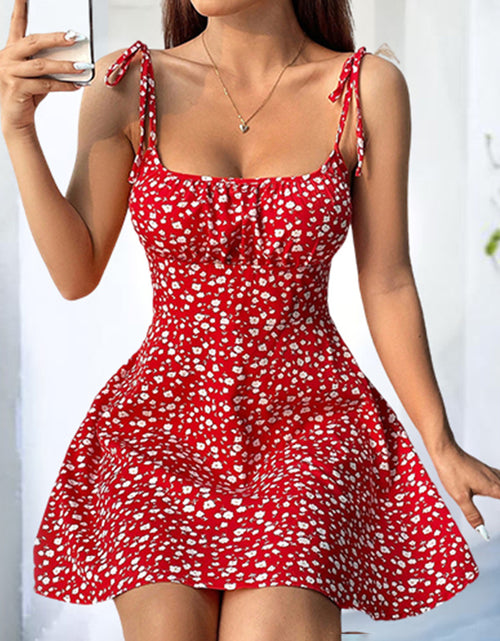 Load image into Gallery viewer, Womens Floral Mini Dress Spaghetti Strap Sleeveless Tie Shoulder Ruffle Summer Boho Dresses
