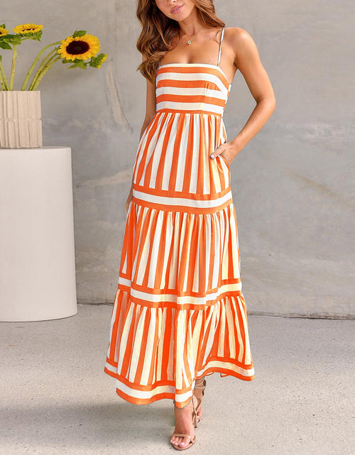 Load image into Gallery viewer, Summer Striped Printed Suspender Long Dress With Pockets Fashion Square Neck Backless Dresses For Beach Vacation Women Clothing
