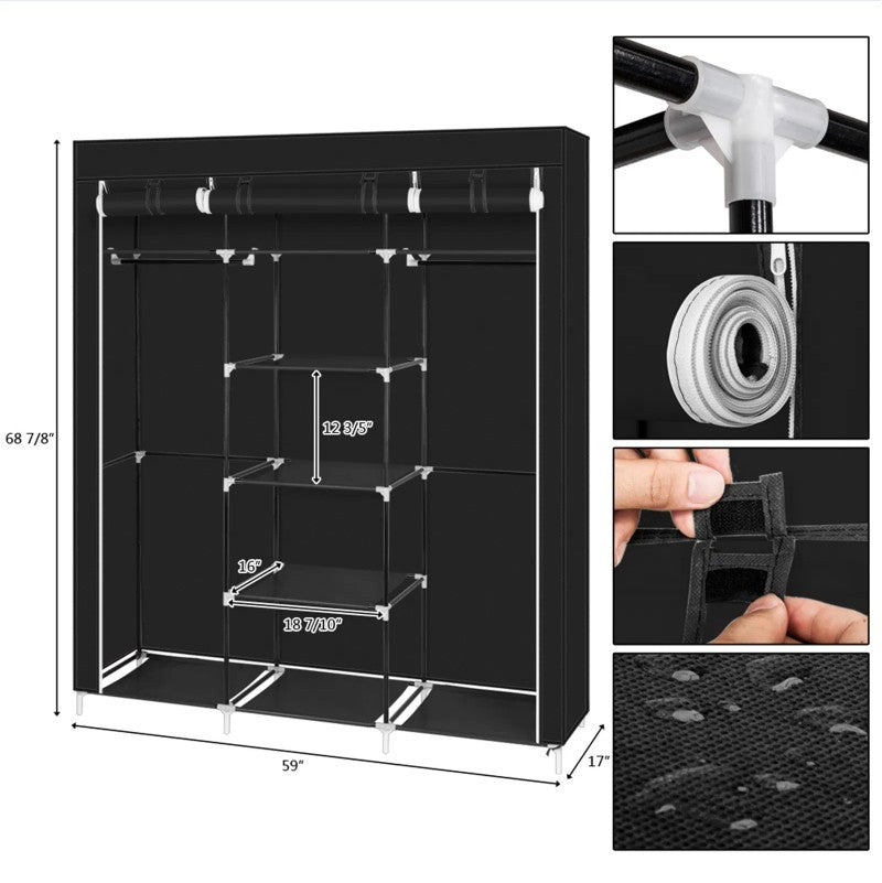 69 Inch Portable Wardrobe Double Pole Storage Rack Black