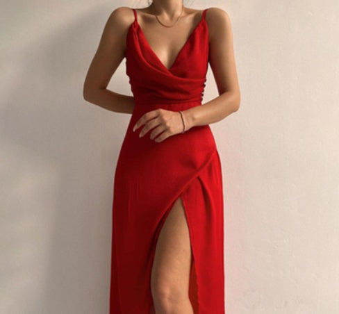 Load image into Gallery viewer, V-neck Slit Sling Dress Summer Fashion Sexy Slim Suspender Dresses For Women Clothing
