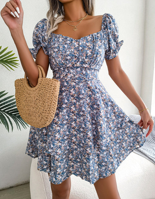 Load image into Gallery viewer, Women Mini Dress Temperament Big Swing Loose Hem Flower Print Shirring Dress Up Short Sleeves High Waist Summer Dress Clothes
