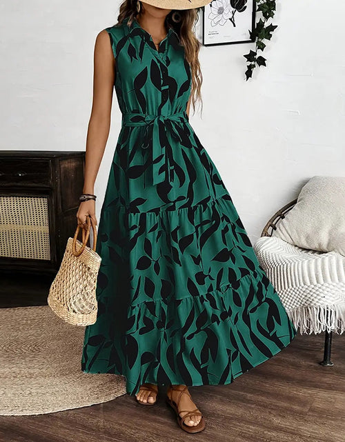 Load image into Gallery viewer, Women Sleeveless Boho Floral Maxi Dress Summer Button Shirt V Neck Flowy Belted Beach Vacation Dresses
