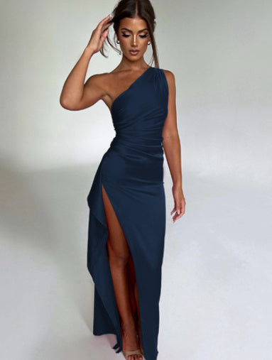 Load image into Gallery viewer, Sexy One-shoulder Backless Slit Dress Summer Elegant Slim-fit Solid Color Satin Dresses For Women
