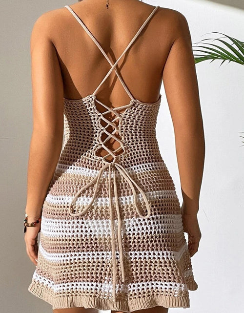 Load image into Gallery viewer, Women Knitted Spaghetti Strap Dress Summer Stripes Twisted Crochet Cutout Party Mini Dress For Beach Cocktail Nightclub
