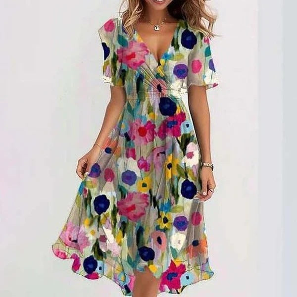 Chiffon Printed Short Sleeve Dress Summer Elegant V-neck Dresses Women's Clothing
