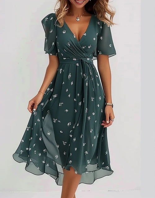 Load image into Gallery viewer, Chiffon Printed Short Sleeve Dress Summer Elegant V-neck Dresses Women&#39;s Clothing

