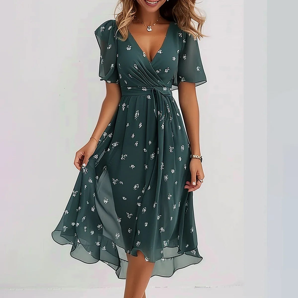 Chiffon Printed Short Sleeve Dress Summer Elegant V-neck Dresses Women's Clothing