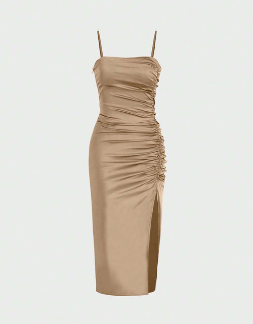 Load image into Gallery viewer, Solid Color Ruched Bodycon Slit Cami Dress Party Dress Wedding Guest Dress
