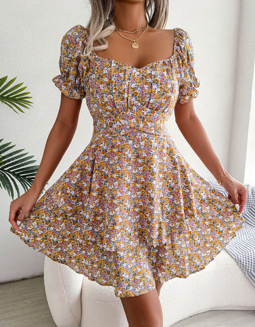 Load image into Gallery viewer, Women Mini Dress Temperament Big Swing Loose Hem Flower Print Shirring Dress Up Short Sleeves High Waist Summer Dress Clothes
