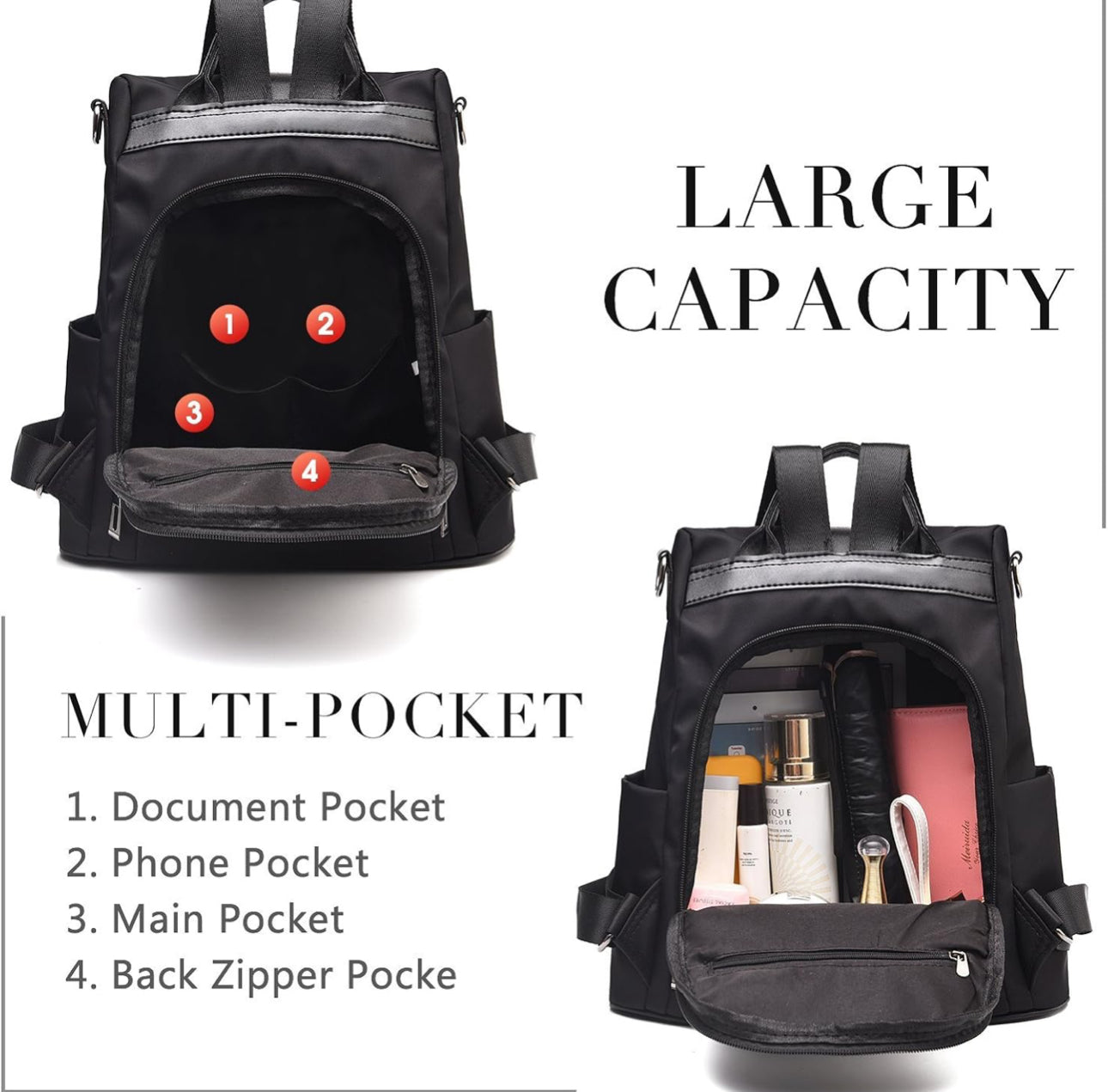 Women Backpack Waterproof Nylon Anti-theft Rucksack Lightweight Shoulder Bag, Medium Black or Brown