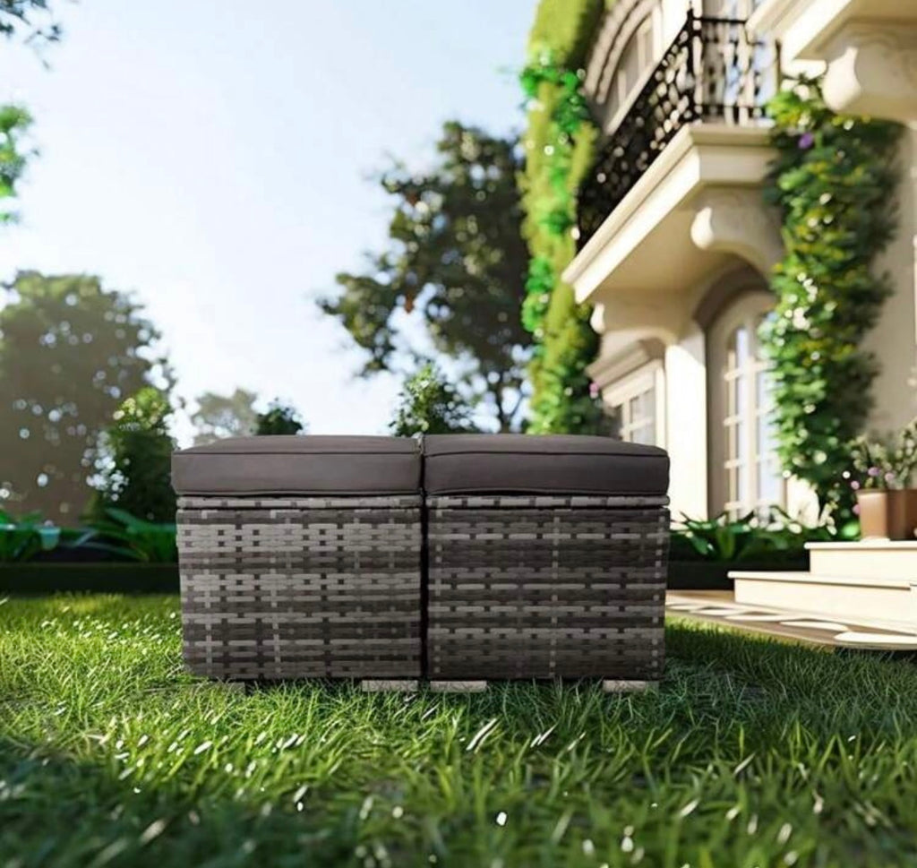 2 Wicker Ottomans, Multipurpose Outdoor Furniture For Patio, Backyard, Additional Seating, Footrest, Side Table With Storage, Removable Cushions