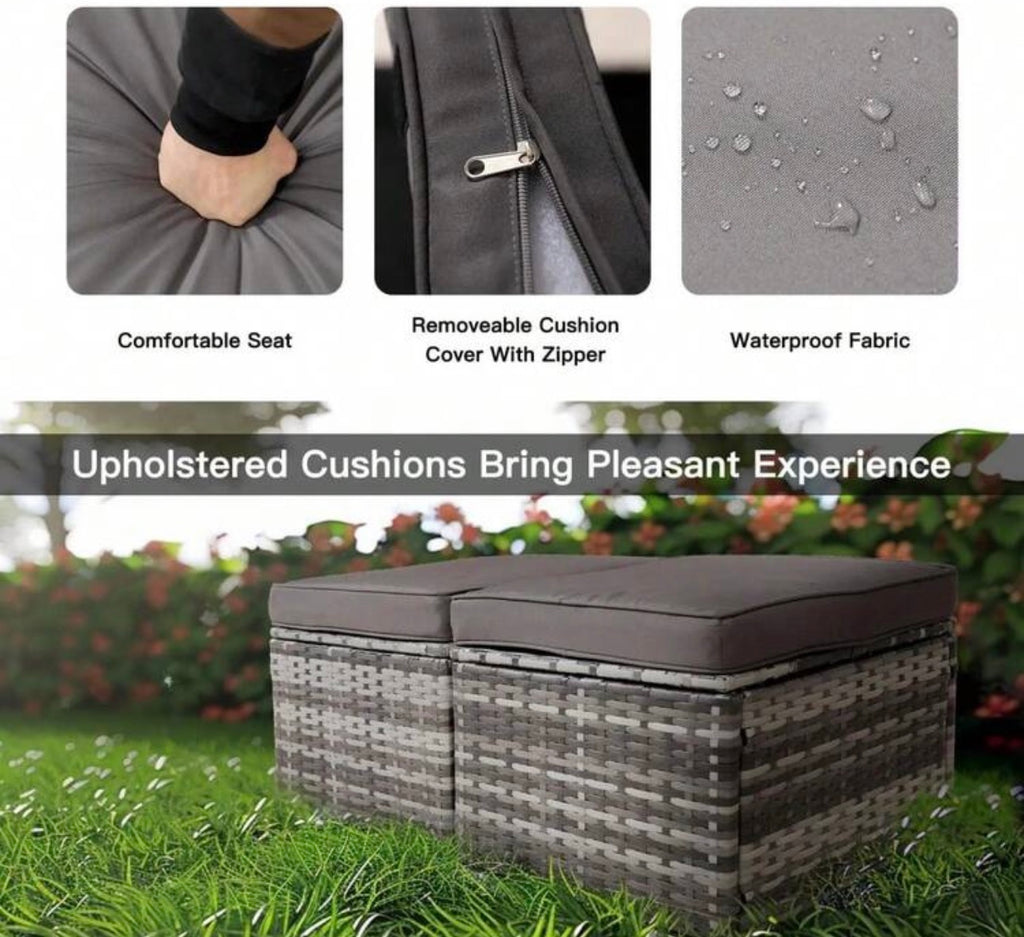 2 Wicker Ottomans, Multipurpose Outdoor Furniture For Patio, Backyard, Additional Seating, Footrest, Side Table With Storage, Removable Cushions