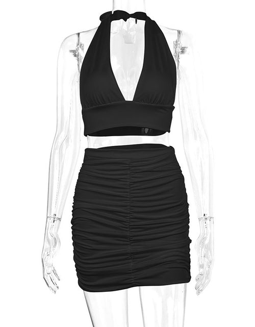 Load image into Gallery viewer, 2pcs Dress Suits For Women Halter Lace-up Hip Top And Pleated Hip-covering Skirt
