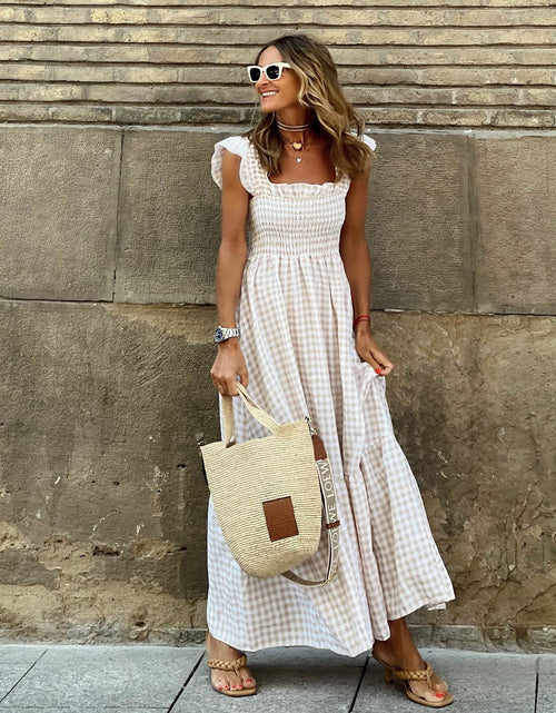 Load image into Gallery viewer, Summer Plaid Print Pleated Ruffle Dress INS Fashion Sleeveless A-line Swing Beach Dress Women&#39;s Clothing
