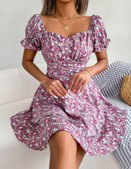 Load image into Gallery viewer, Women Mini Dress Temperament Big Swing Loose Hem Flower Print Shirring Dress Up Short Sleeves High Waist Summer Dress Clothes
