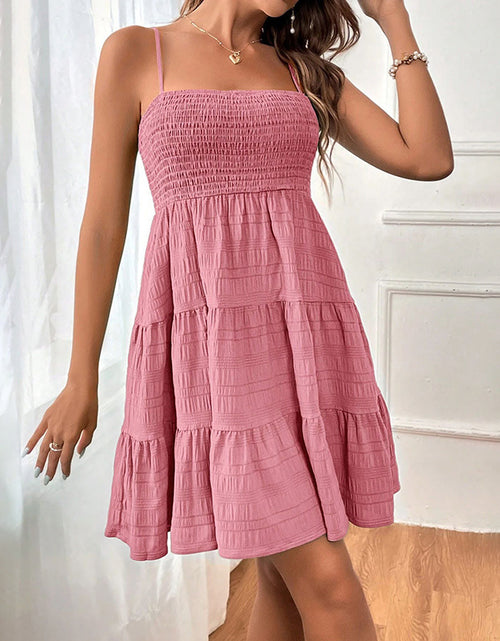 Load image into Gallery viewer, Women&#39;s Spaghetti Strap Sleeveless Smocked A-Line Swing Mini Dress, Elegant Casual Summer Dress
