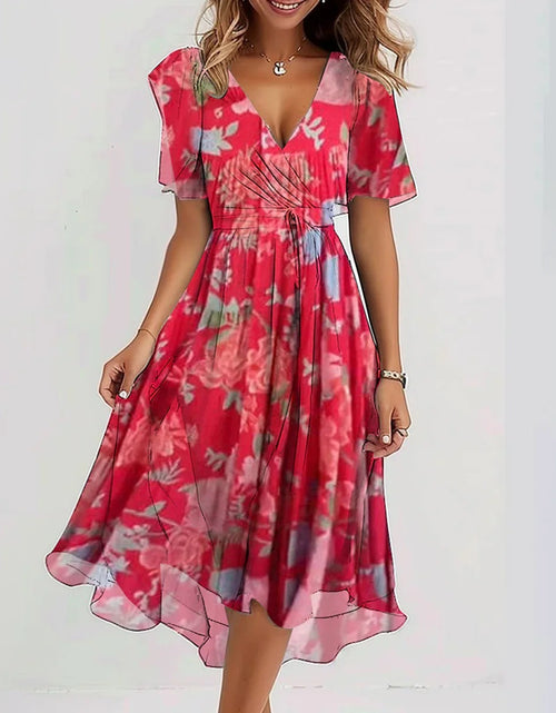 Load image into Gallery viewer, Chiffon Printed Short Sleeve Dress Summer Elegant V-neck Dresses Women&#39;s Clothing
