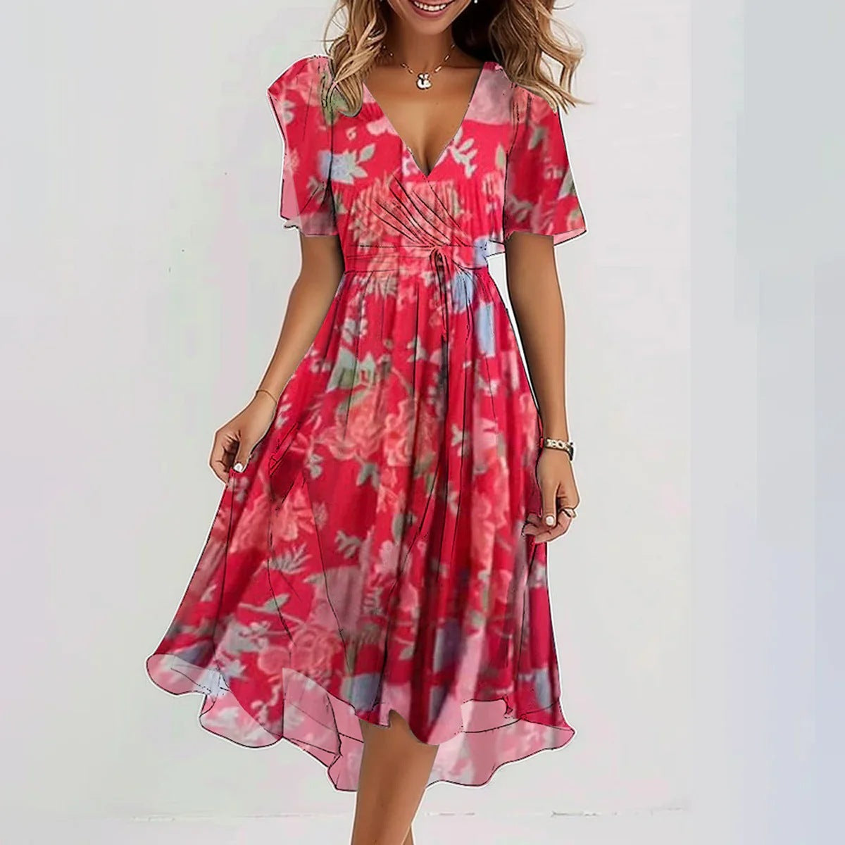 Chiffon Printed Short Sleeve Dress Summer Elegant V-neck Dresses Women's Clothing