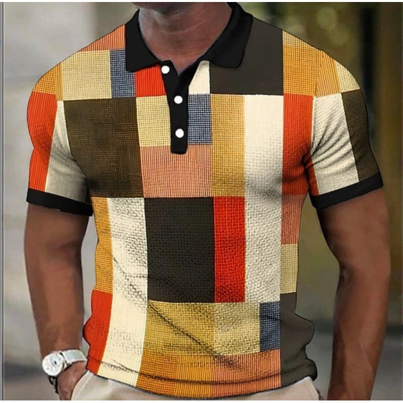 Men's Button Polo Shirt Plaid Lapel Printed Short Sleeve
