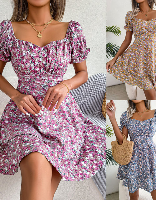 Load image into Gallery viewer, Women Mini Dress Temperament Big Swing Loose Hem Flower Print Shirring Dress Up Short Sleeves High Waist Summer Dress Clothes
