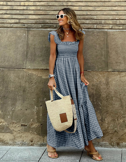 Load image into Gallery viewer, Summer Plaid Print Pleated Ruffle Dress INS Fashion Sleeveless A-line Swing Beach Dress Women&#39;s Clothing
