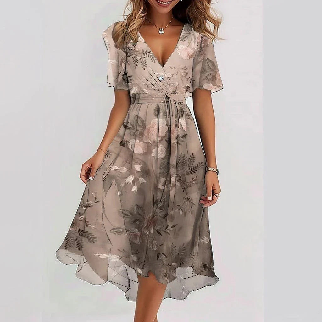 Chiffon Printed Short Sleeve Dress Summer Elegant V-neck Dresses Women's Clothing