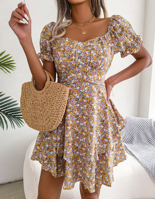 Load image into Gallery viewer, Women Mini Dress Temperament Big Swing Loose Hem Flower Print Shirring Dress Up Short Sleeves High Waist Summer Dress Clothes
