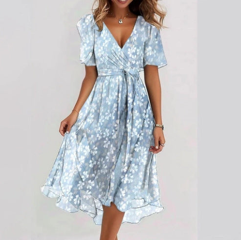 Chiffon Printed Short Sleeve Dress Summer Elegant V-neck Dresses Women's Clothing