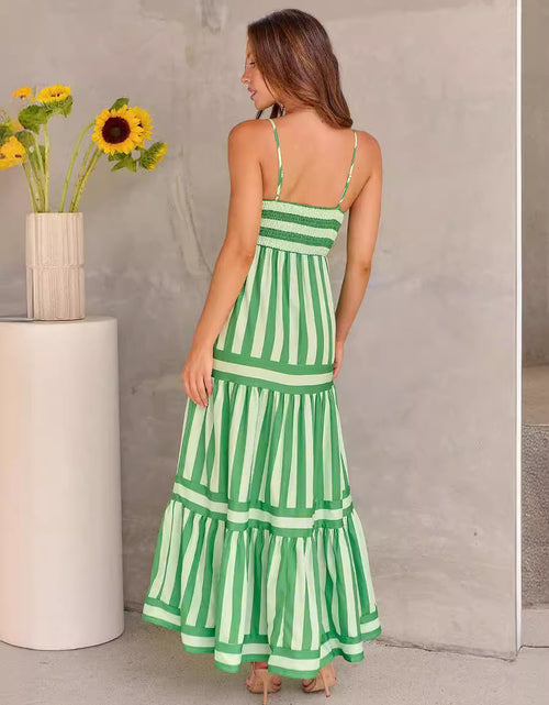 Load image into Gallery viewer, Summer Striped Printed Suspender Long Dress With Pockets Fashion Square Neck Backless Dresses For Beach Vacation Women Clothing
