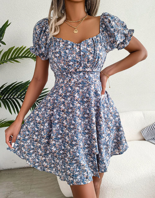 Load image into Gallery viewer, Women Mini Dress Temperament Big Swing Loose Hem Flower Print Shirring Dress Up Short Sleeves High Waist Summer Dress Clothes
