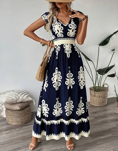 Load image into Gallery viewer, Women&#39;s Summer Flowy Maxi Dress Casual Cap Sleeve V Neck Smocked Waist Beach Sundress
