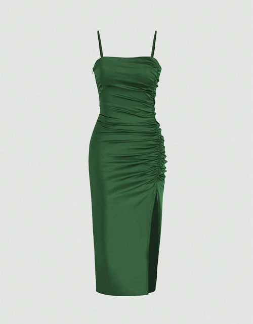 Load image into Gallery viewer, Solid Color Ruched Bodycon Slit Cami Dress Party Dress Wedding Guest Dress
