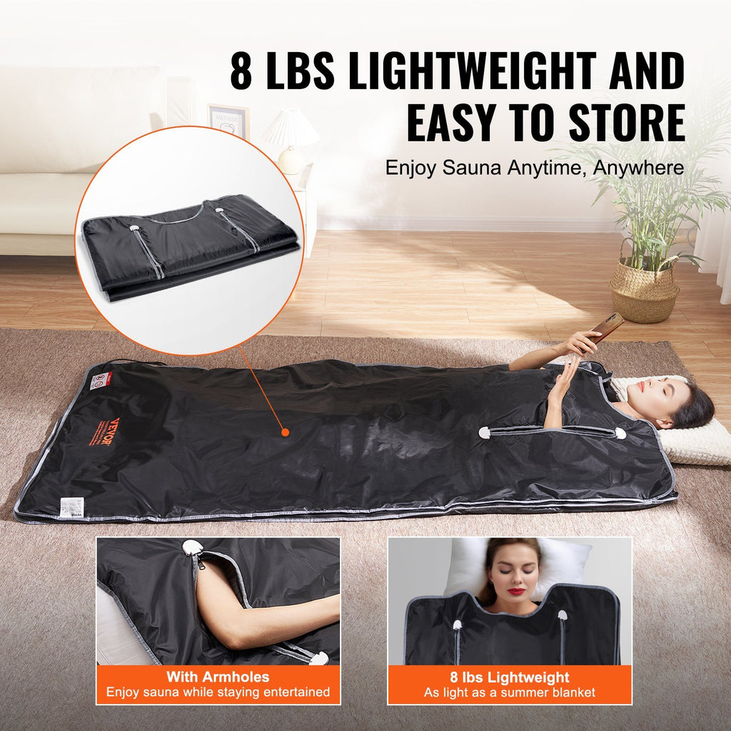 VEVOR Sauna Blanket , Portable Far Infrared Sauna For Home, Oxford Sauna Bag Warm Holes & Carbon Fiber Heating, 1-6 Level Adjustable Temp 95-176F, 5-60 Minutes Timer, 75 X 35 In