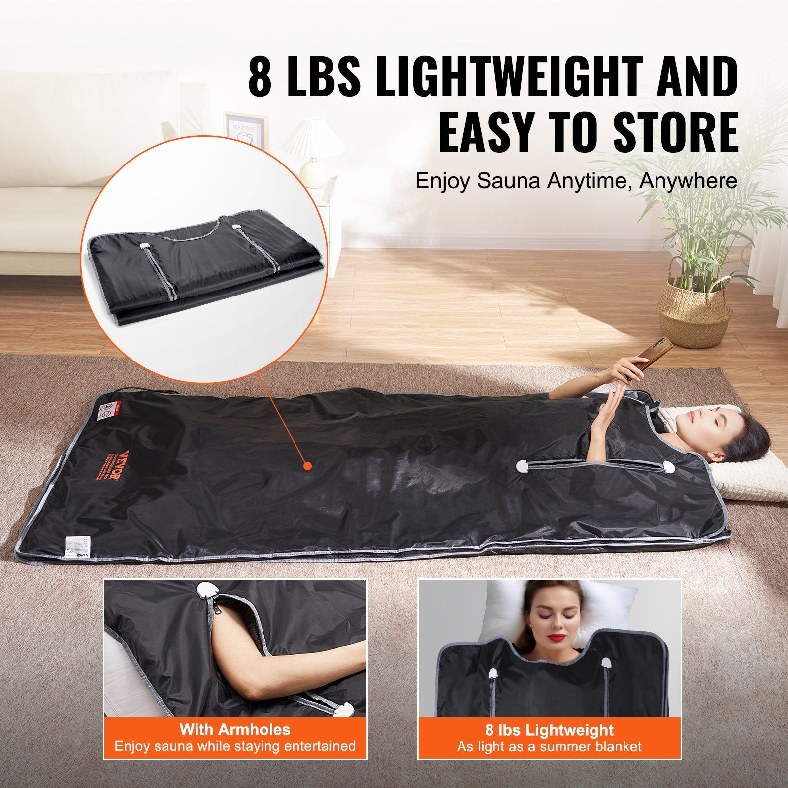 VEVOR Sauna Blanket , Portable Far Infrared Sauna For Home, Oxford Sauna Bag Warm Holes & Carbon Fiber Heating, 1-6 Level Adjustable Temp 95-176F, 5-60 Minutes Timer, 75 X 35 In