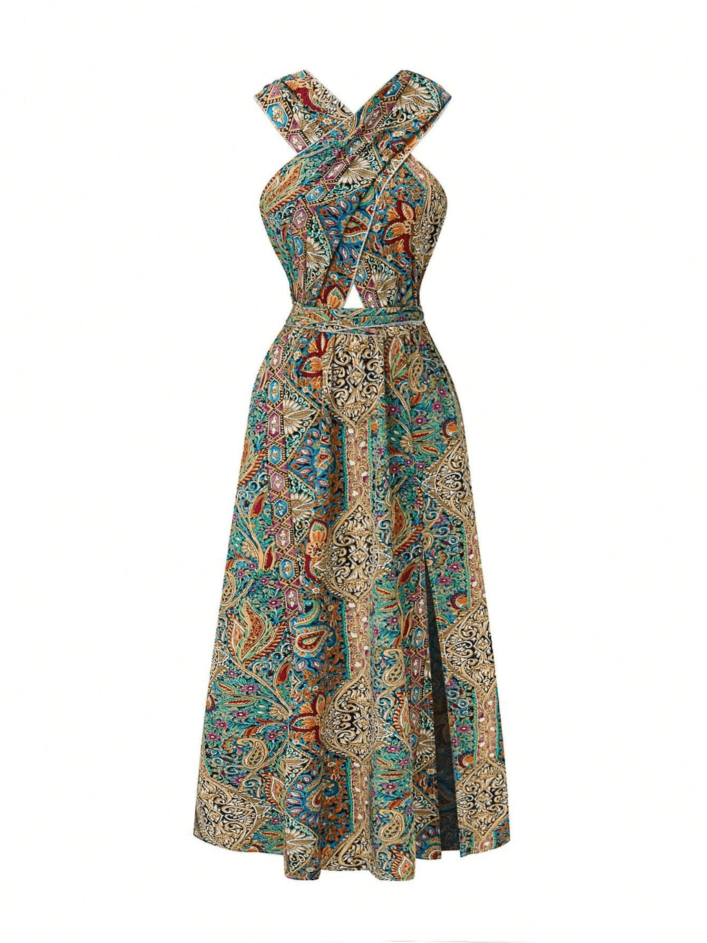 Women Print Maxi Dress High Waisted Cross Halter Neck With Tie Detail,Flowing Vacation Gown In Teal, Blue-Green & Brown Paisley   Pattern, Machine Washable, Summer Fashion Decorative Tie Detail