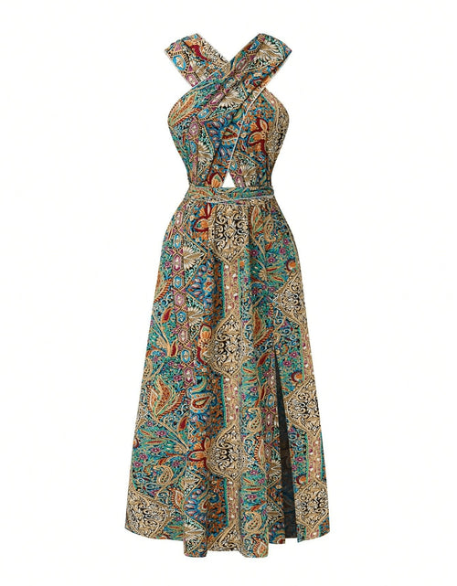 Load image into Gallery viewer, Women Print Maxi Dress High Waisted Cross Halter Neck With Tie Detail,Flowing Vacation Gown In Teal, Blue-Green &amp; Brown Paisley   Pattern, Machine Washable, Summer Fashion Decorative Tie Detail
