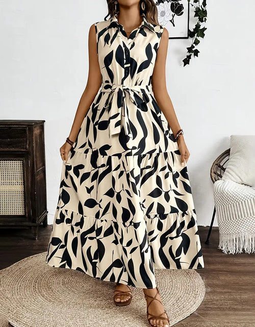 Load image into Gallery viewer, Women Sleeveless Boho Floral Maxi Dress Summer Button Shirt V Neck Flowy Belted Beach Vacation Dresses
