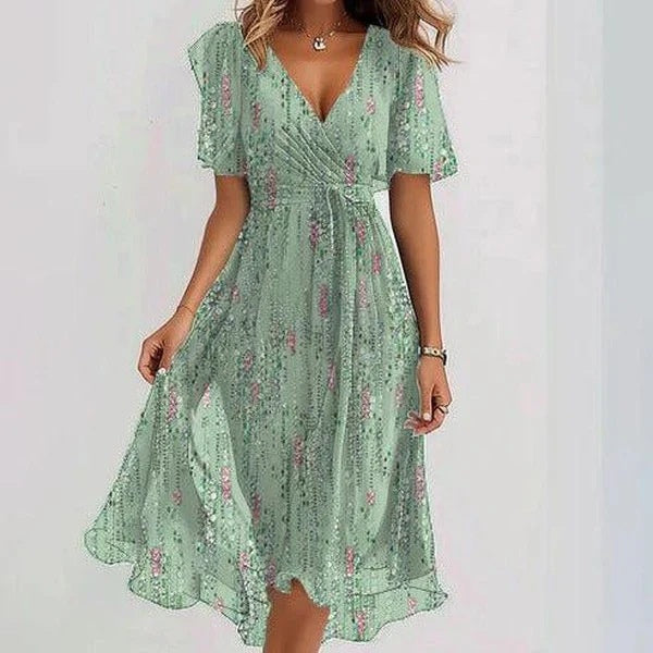 Chiffon Printed Short Sleeve Dress Summer Elegant V-neck Dresses Women's Clothing