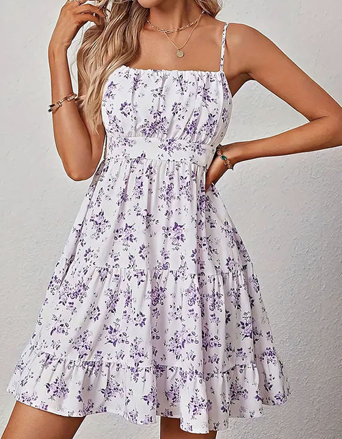 Load image into Gallery viewer, Womens Summer Floral Print Smocked Mini Dress Sleeveless Spaghetti Strap Slim Fit Flowy Dresses

