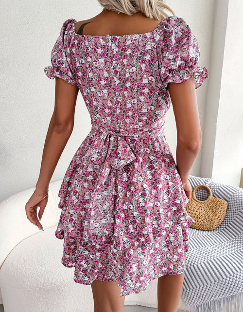 Load image into Gallery viewer, Women Mini Dress Temperament Big Swing Loose Hem Flower Print Shirring Dress Up Short Sleeves High Waist Summer Dress Clothes
